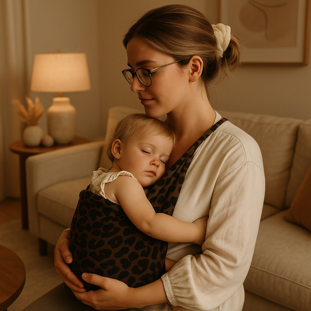 écharpe de portage fille endormie dans les bras maman