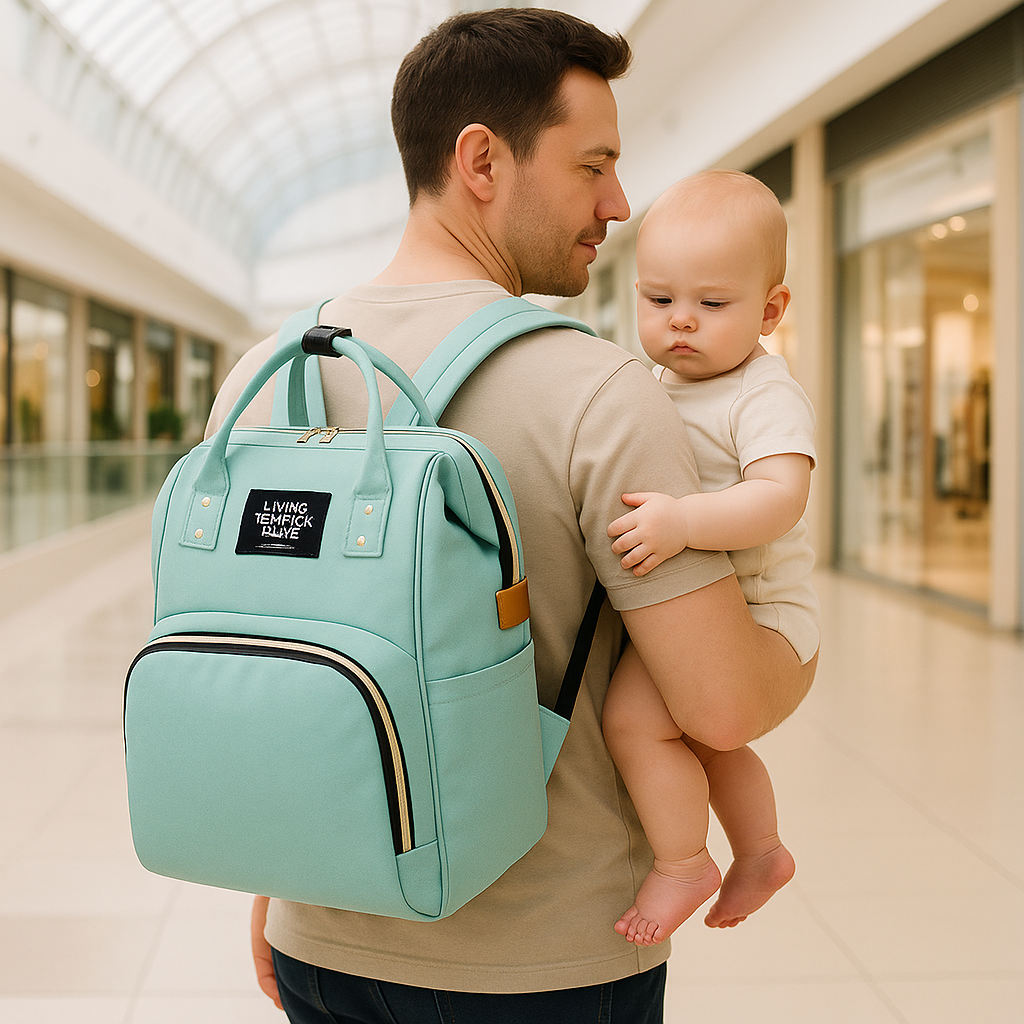sac a langer papa porte son bebe en faisant son shopping