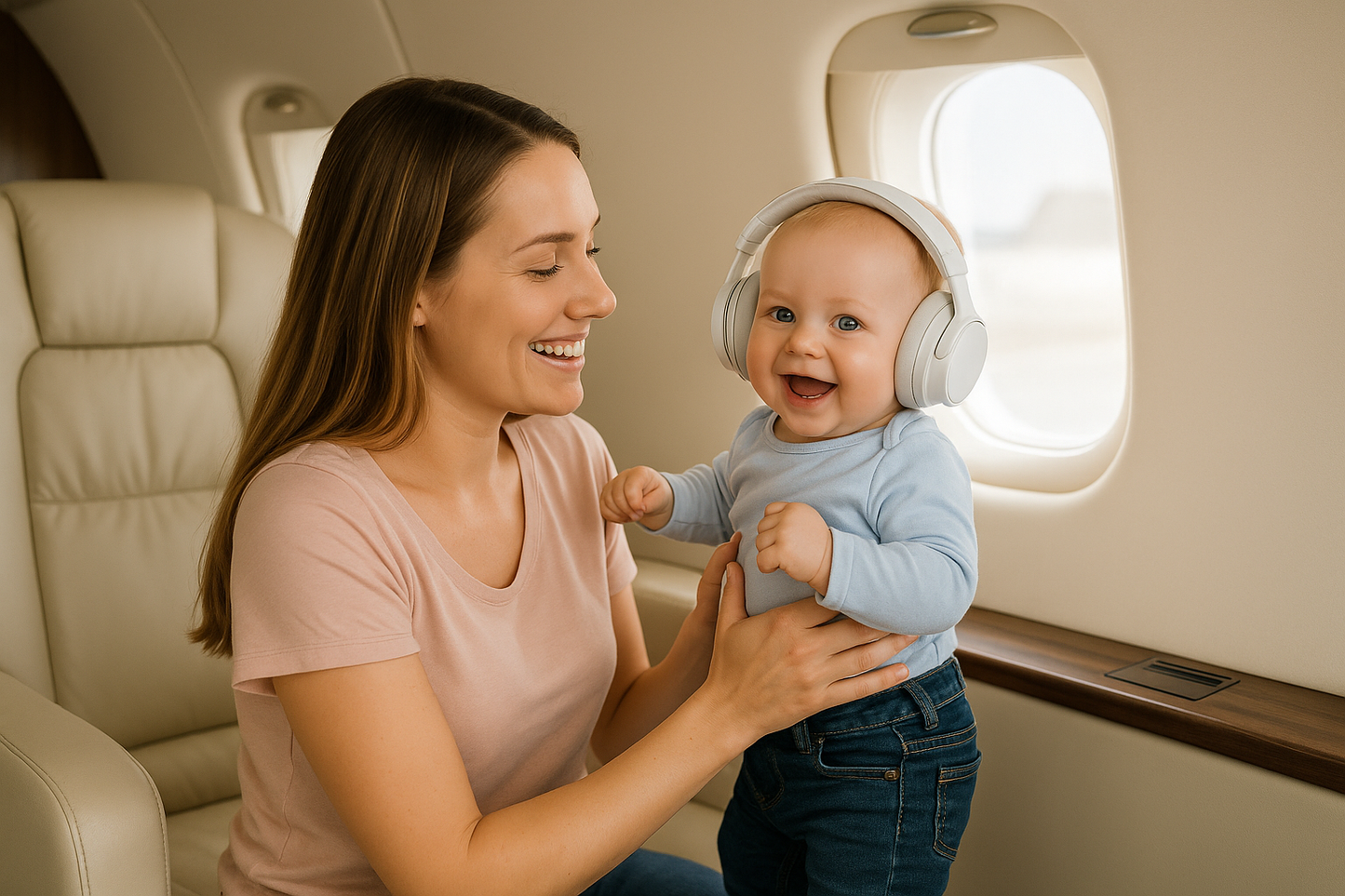 bébé content portant casque anti bruit dans l'avion