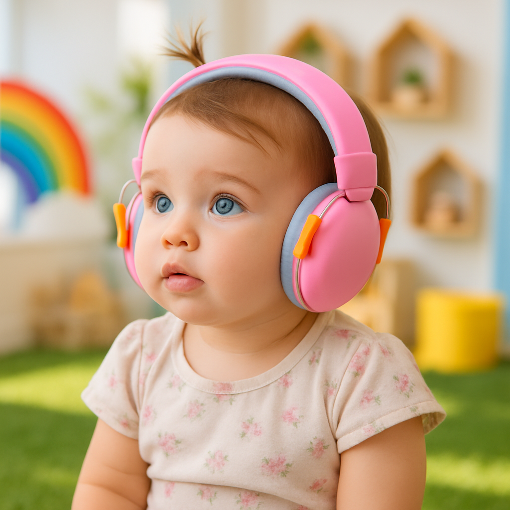 bébé dans jardin portant casque anti bruit bébé rose
