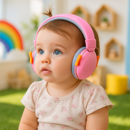 bébé dans jardin portant casque anti bruit bébé rose