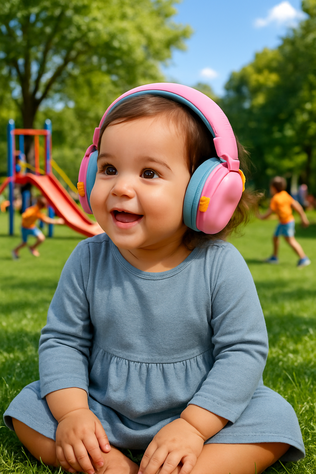 bebe dans le parc portant casque anti bruit bébé rose