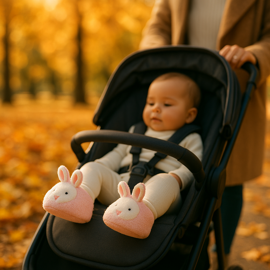 bébé en balade avec sa maman portant ses chaussons bébé doux chaud