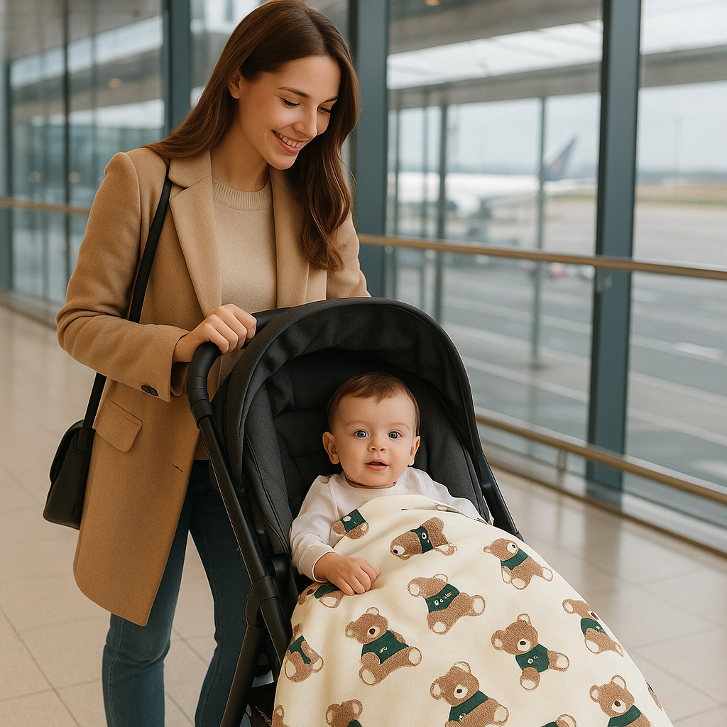 bébé enveloppé dans sa couverture bébé dans poussette a l'aéroport