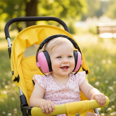 bébé épanoui avec son casque anti bruit bébé