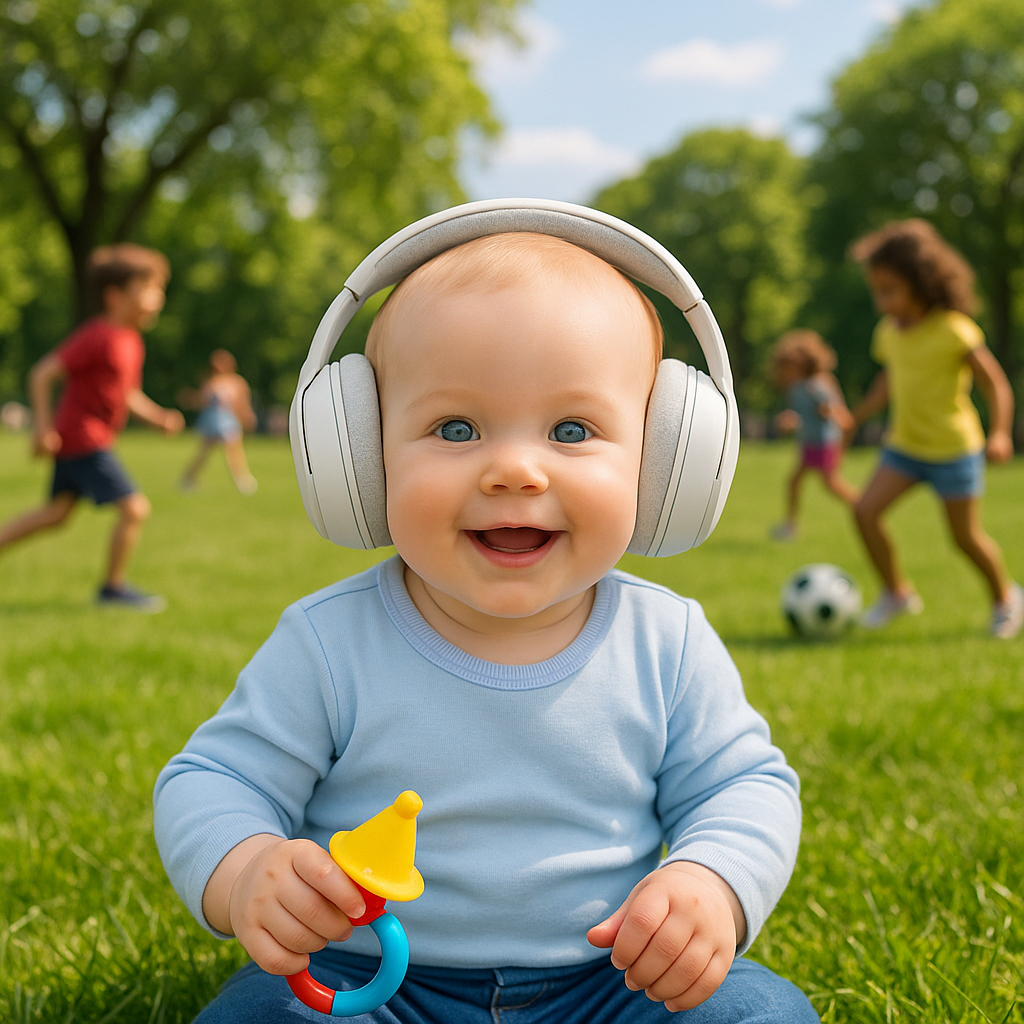 bébé joue au parc portant casque anti bruit