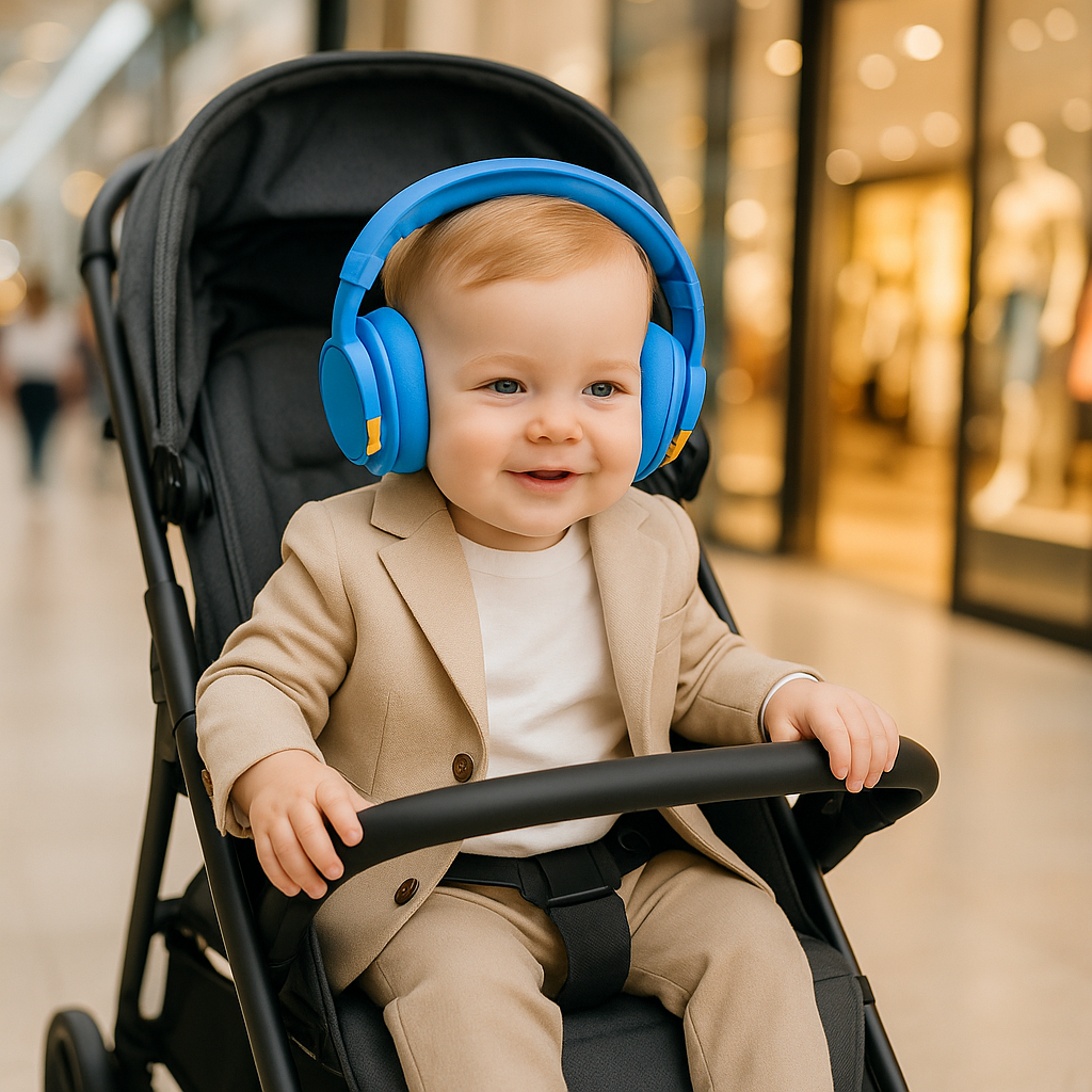 bébé portant casque anti bruit bébé bleu dans centre commercial