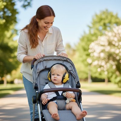 bébé portant casque anti bruit bébé en train de se balader avec sa maman au parc