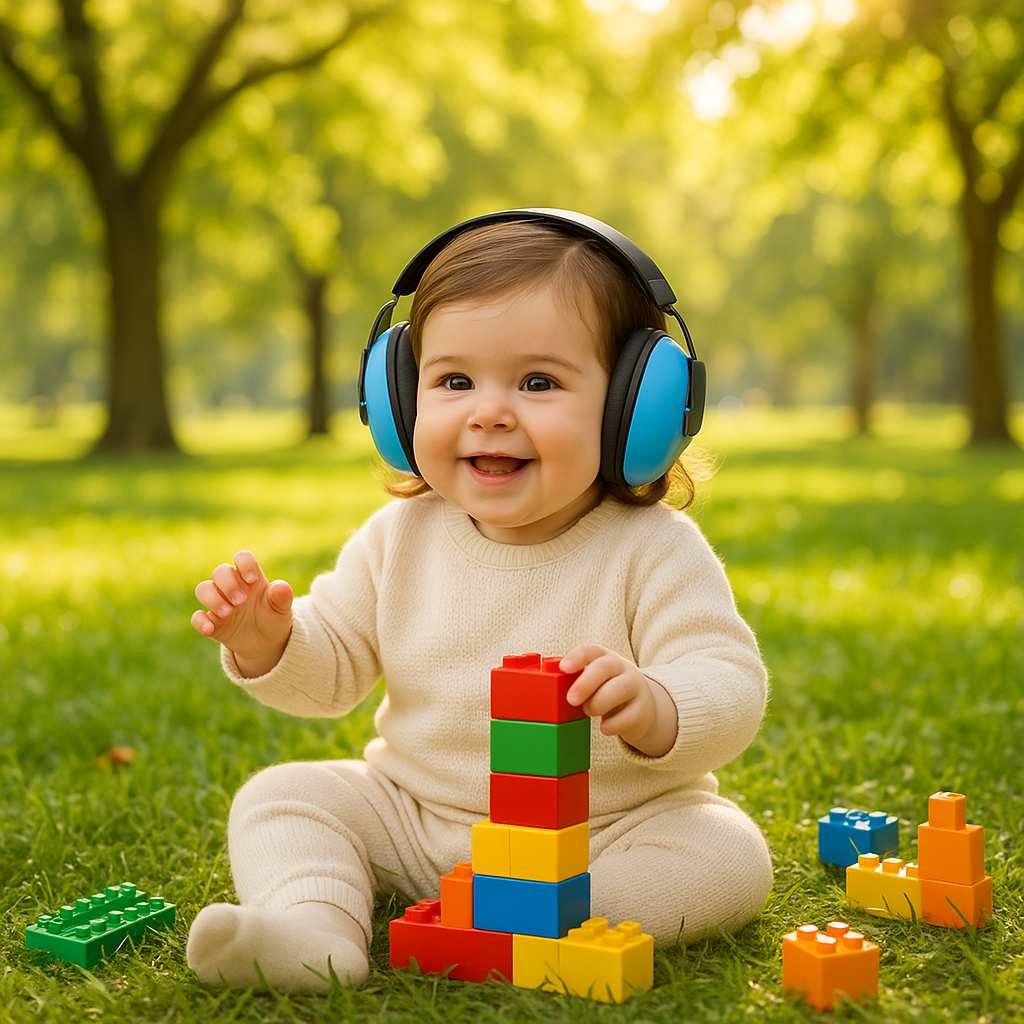 bébé portant casque anti bruit joue lego parc