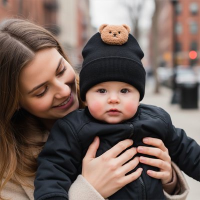 Bonnet bébé avec petit ours en peluche cousu 