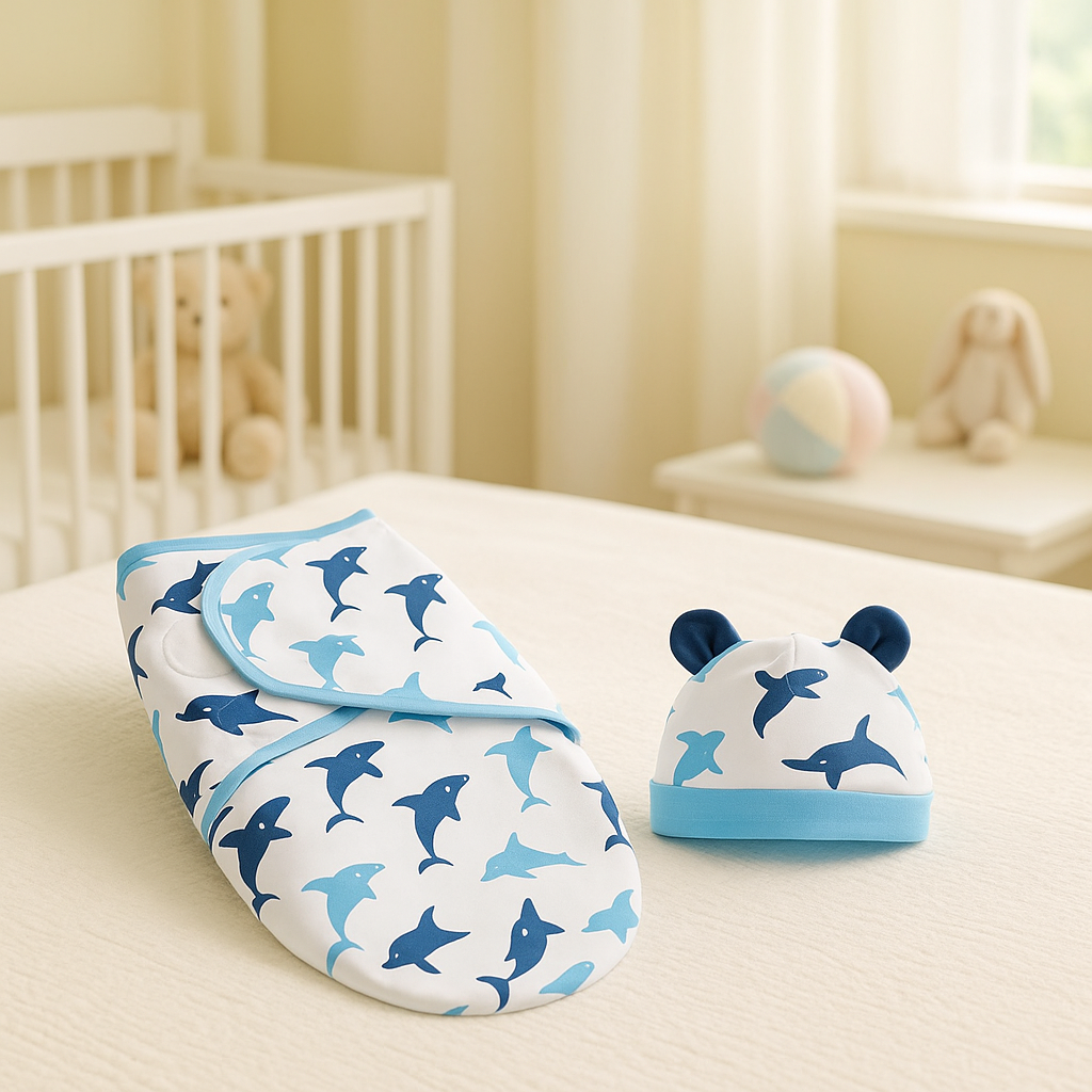 couverture emmaillotage motif dauphins