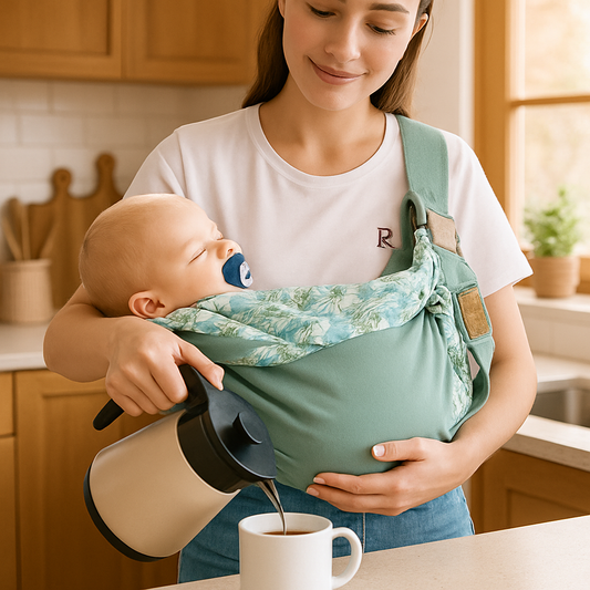 echarpe de portage bebe maman en train de preparer son cafe