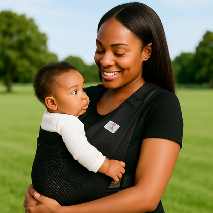 maman porte bébé écharpe de portage dans parc