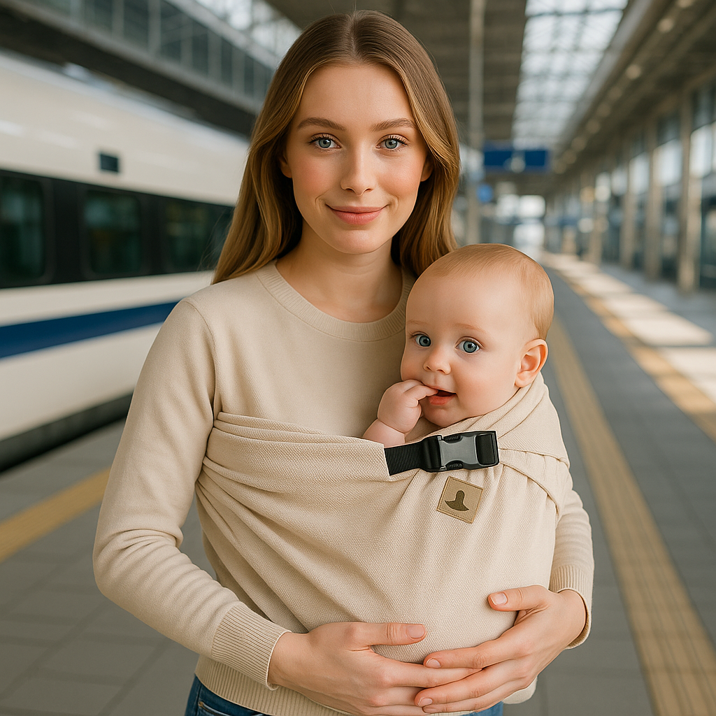 maman porte bébé écharpe de portage gare train