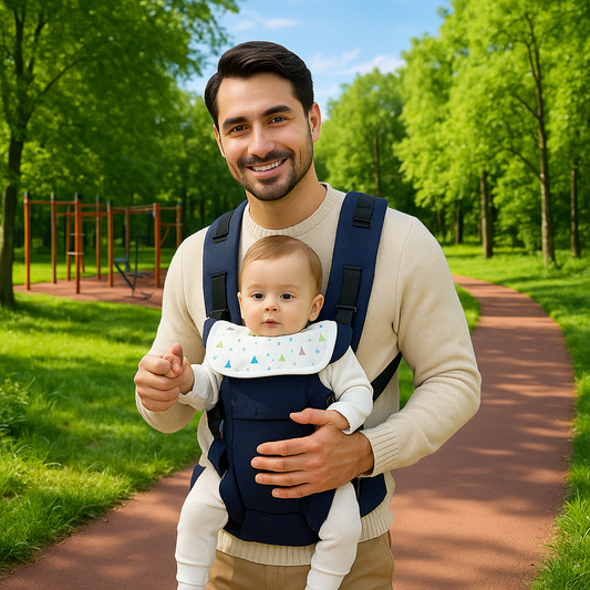 papa bebe dans porte bebe en train de faire une promenade