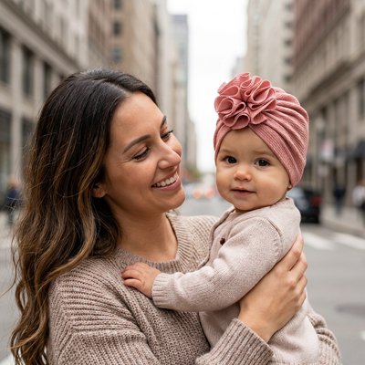 Turban bébé fille avec ornement floral volumineux
